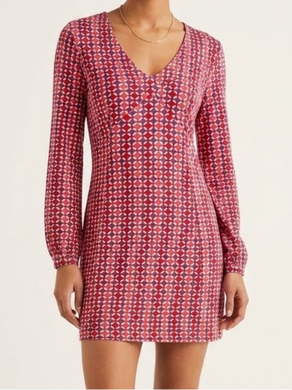 Boden Dorothy Geo Mosaic Print Empire Waist Long Sleeve Dress Pink Multi US6